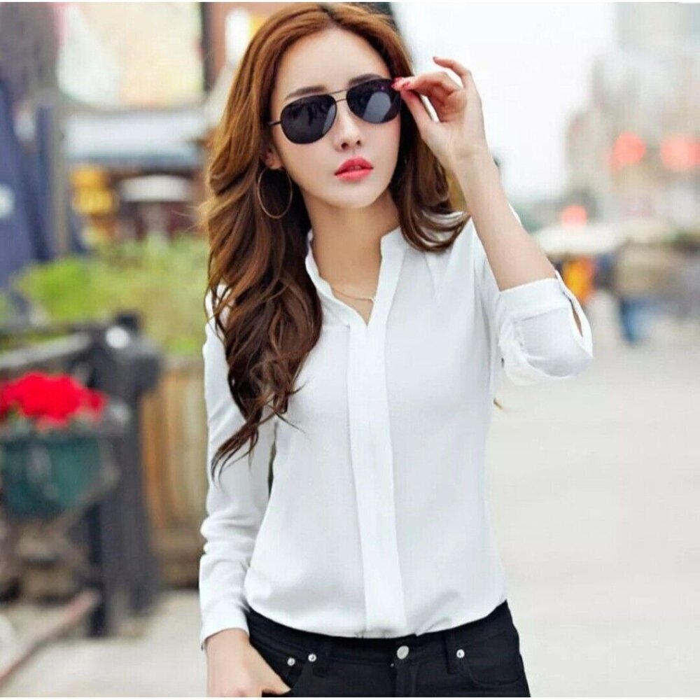 Mengxiner, long-sleeved polyester shirt, white for women, size M.